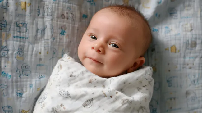 Niedliches Baby in weicher Decke lächelt in die Kamera