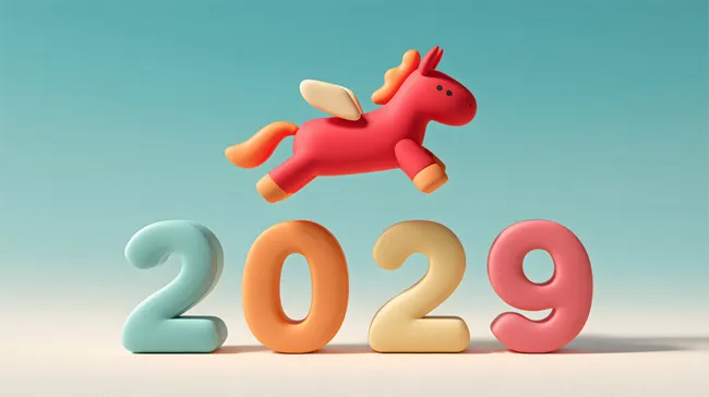 Niedliches Cartoon-Pferd über Jahreszahl 2029 in 3D-Stil