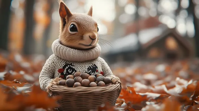 Niedliches Eichhörnchen in Strickpullover mit Haselnusskorb