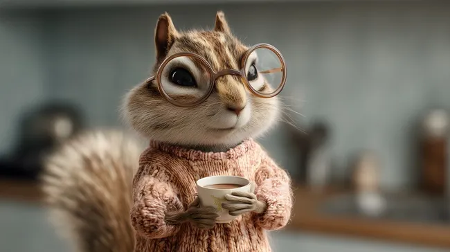 Niedliches Eichhörnchen mit Brille und Kaffee