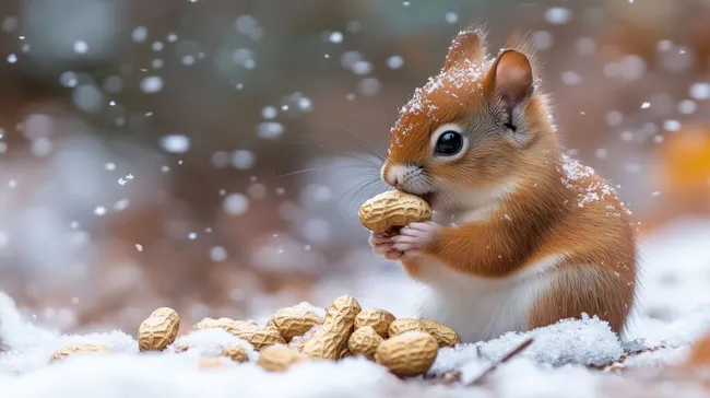 Niedliches Eichhörnchen mit Erdnuss im Schneegestöber