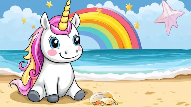 Niedliches Einhorn am Traumstrand mit Regenbogen