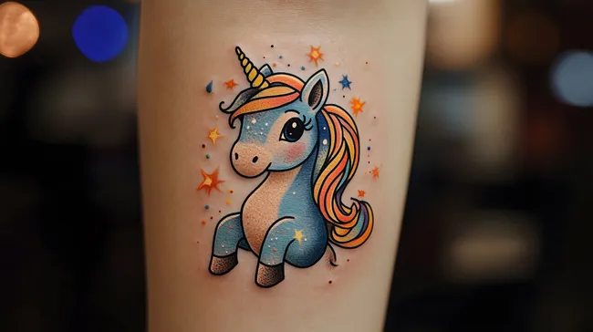 Niedliches Einhorn-Tattoo mit Sternen und Glitzer
