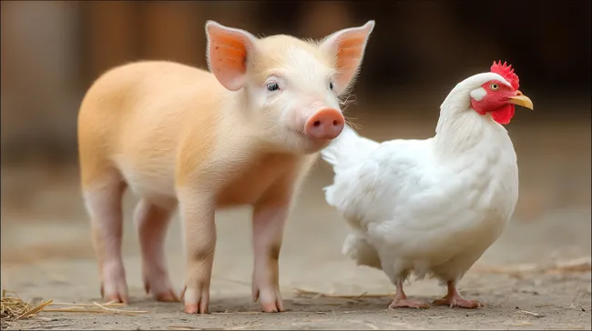 Niedliches Ferkel und Huhn auf rustikalem Bauernhof