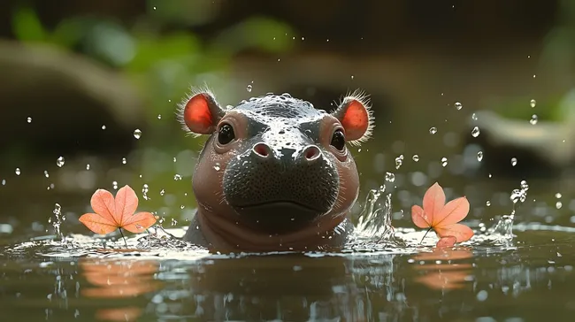 Niedliches Flusspferd badet in Herbstblättern