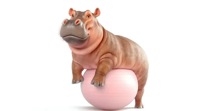 Niedliches Flusspferd balanciert auf rosa Gymnastikball