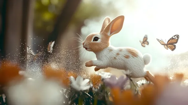 Niedliches Häschen auf blumiger Wiese mit Schmetterlingen
