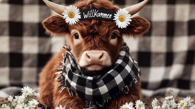 Niedliches Hochlandkalb mit Gänseblümchen und Schal