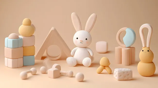 Niedliches Holzspielzeug mit pastellfarbenen Formen und Figuren