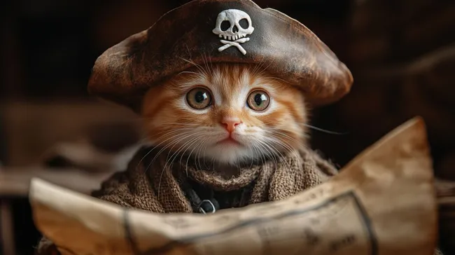 Niedliches Kätzchen als Pirat verkleidet mit Schatzkarte