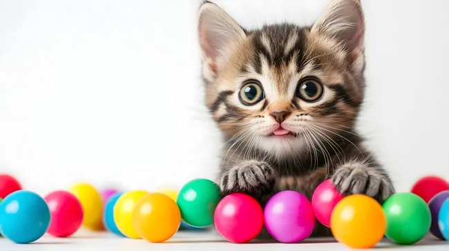 Niedliches Kätzchen mit bunten Spielbällen