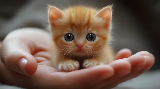 Niedliches Kätzchen mit großen Augen in Menschenhand