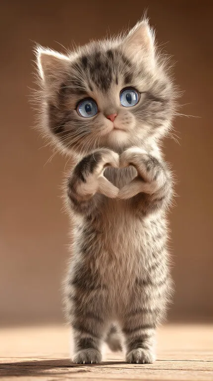 Niedliches Kätzchen mit Herz-Geste auf Hinterpfoten