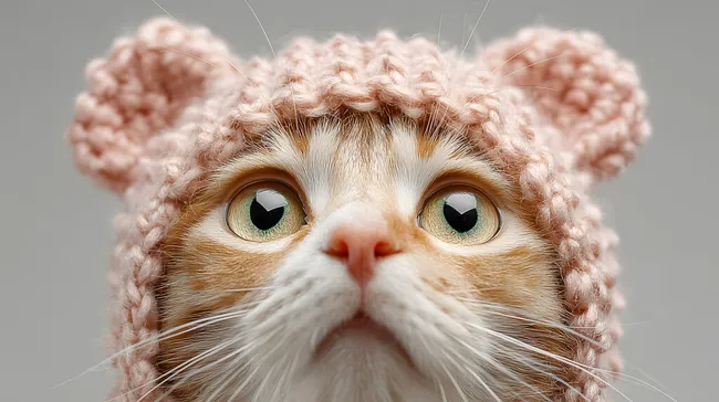 Niedliches Kätzchen mit rosa Strickmütze