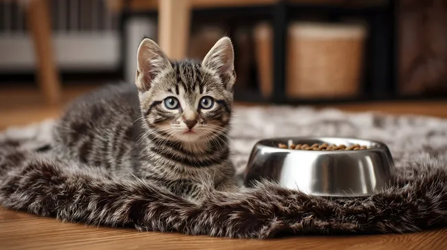 Niedliches Kätzchen sitzt auf flauschigem Teppich mit Futterschüssel