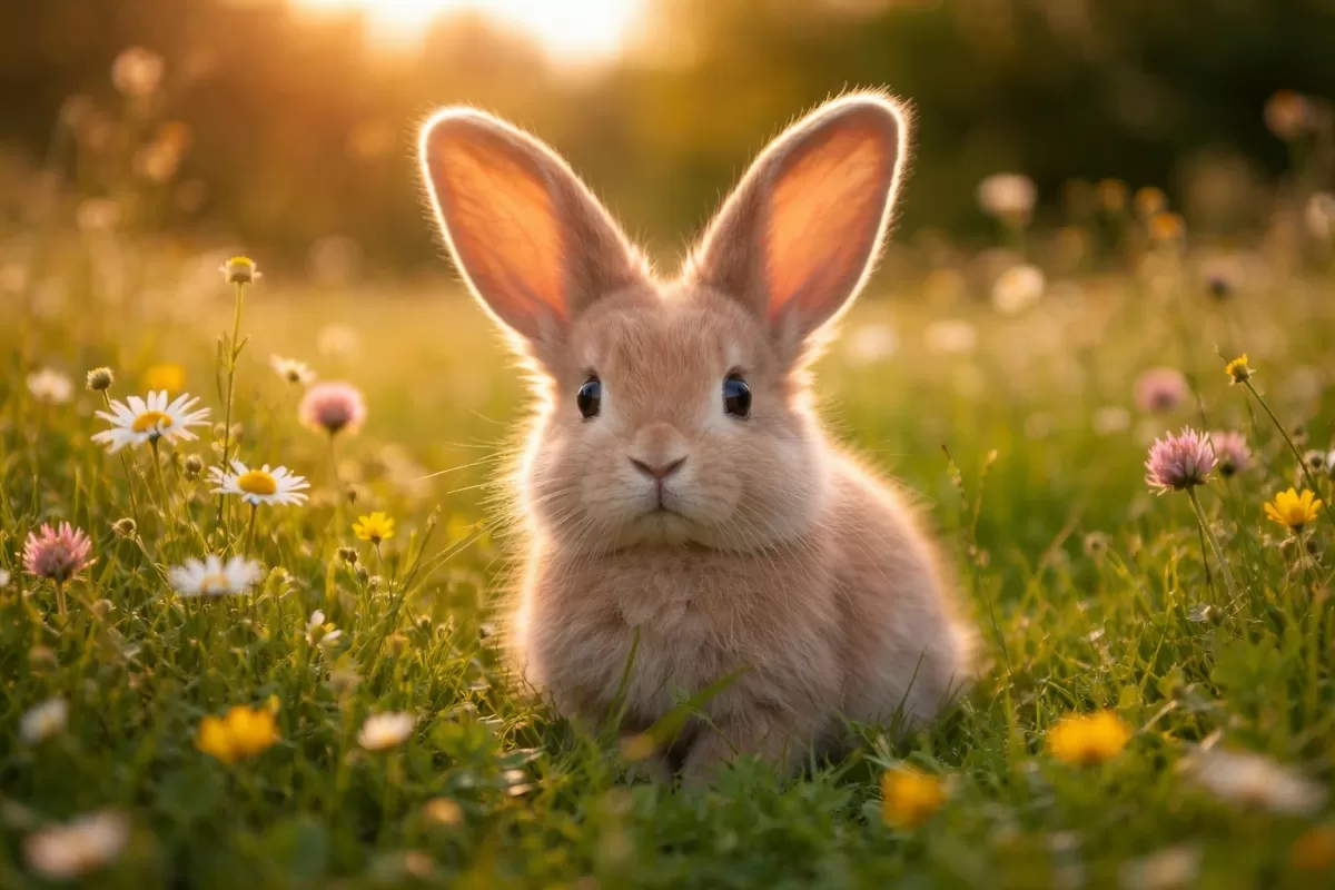 Niedliches Kaninchen auf blühender Wiese im Abendlicht