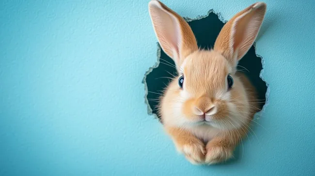 Niedliches Kaninchen blickt durch Loch in blauer Wand