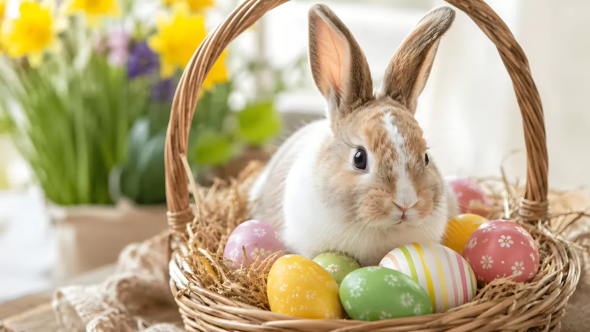 Niedliches Kaninchen im Osterkorb mit bunten Eiern