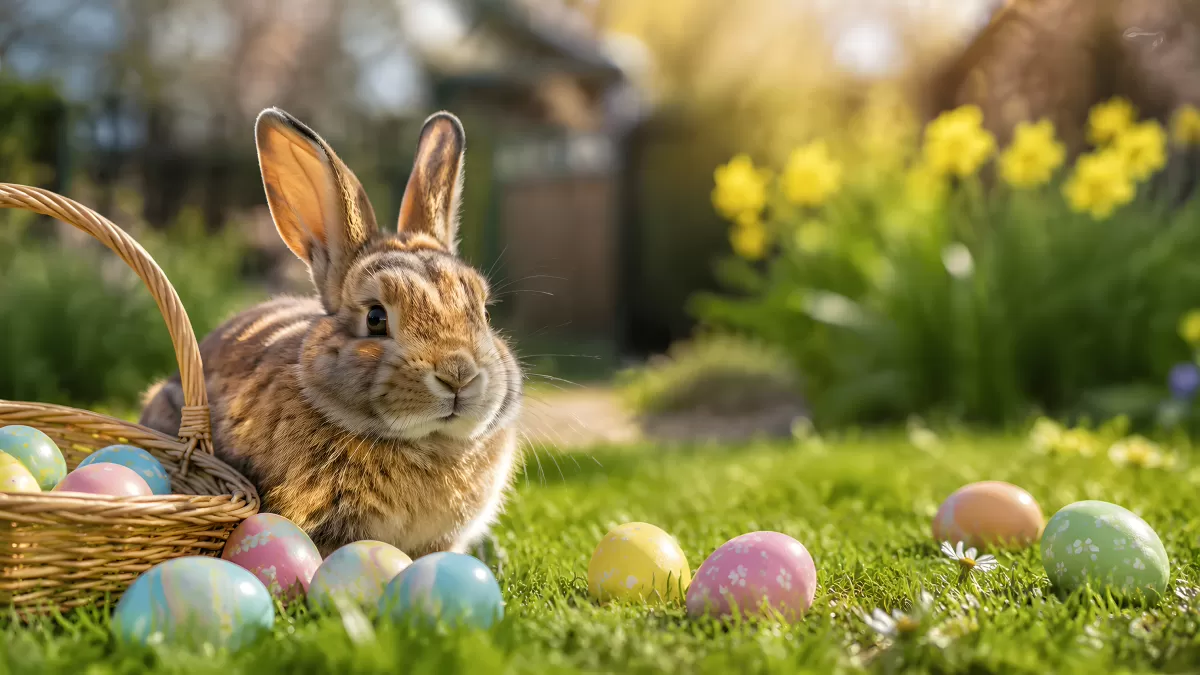 Niedliches Kaninchen mit bunten Ostereiern im Garten