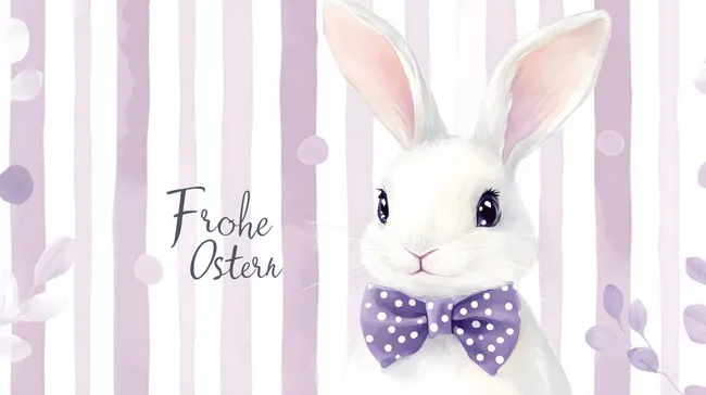 Niedliches Kaninchen mit Schleifen-Fliege vor Streifen-Hintergrund