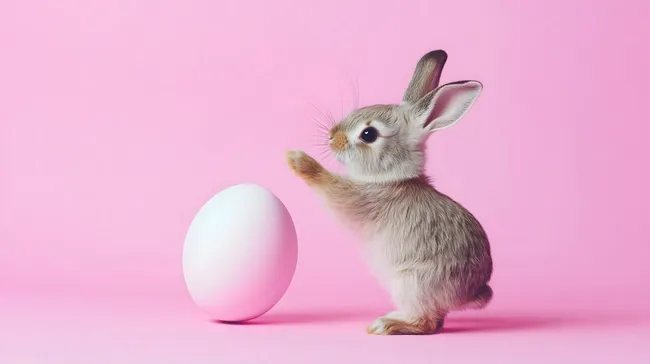 Niedliches Kaninchen mit weißem Osterei auf rosa Hintergrund