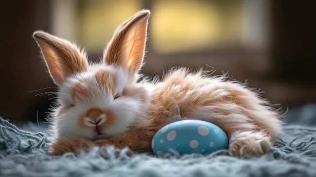 Niedliches Kaninchen schläft auf Filz mit Osterei