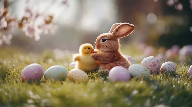 Niedliches Kaninchen und Baby-Ente auf Frühlingswiese