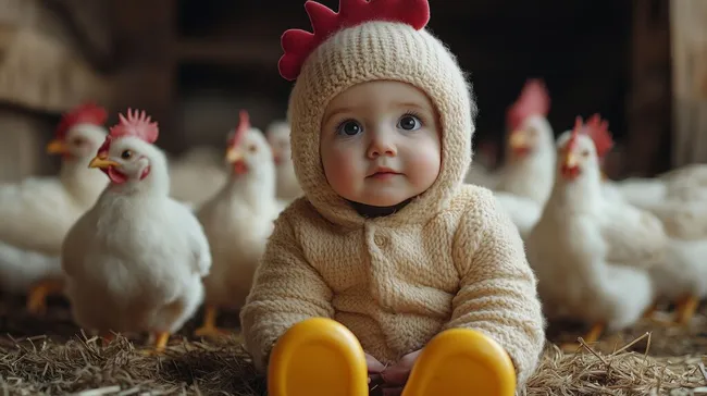 Niedliches Kleinkind im Hühnerkostüm auf Stroh