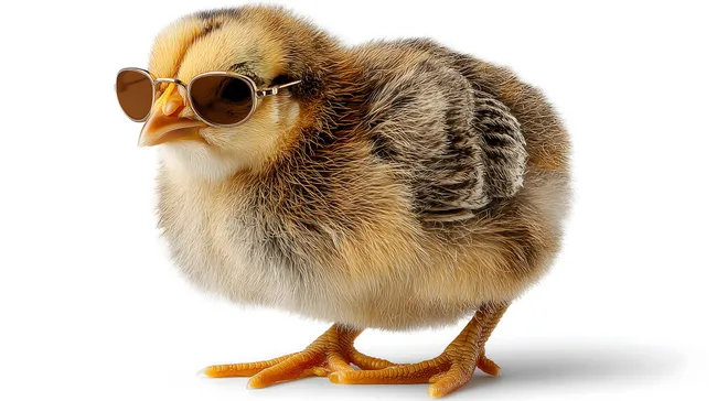 Niedliches Küken mit Sonnenbrille auf weißem Hintergrund