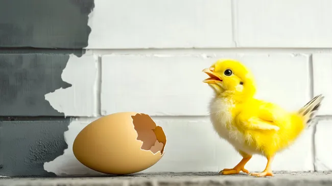 Niedliches Küken neben zerbrochener Eierschale