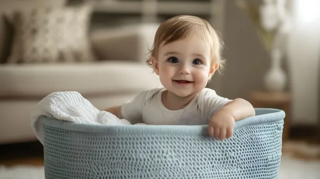 Niedliches, lächelndes Baby im blauen Holzkorb