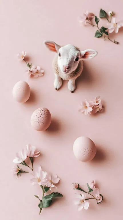 Niedliches Lämmlein mit Ostereiern und Kirschblüten