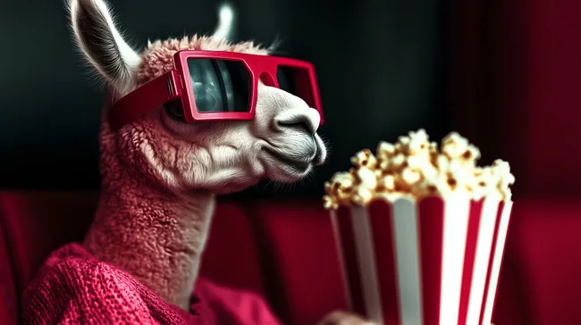 Niedliches Lama mit 3D-Brille und Popcorn im Kino