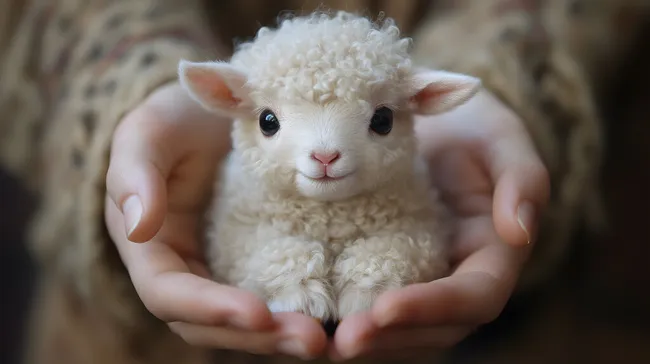 Niedliches Lamm in zärtlichen Händen gehüllt
