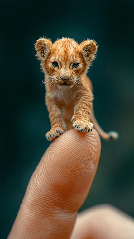 Niedliches Löwenjunges auf Fingerspitze