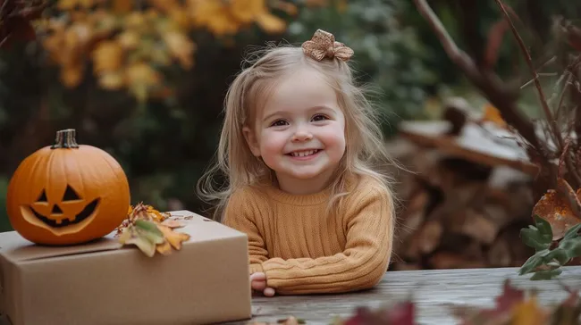 Niedliches Mädchen feiert Halloween mit Kürbis