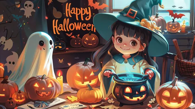 Niedliches Mädchen in Hexenkostüm an Halloween