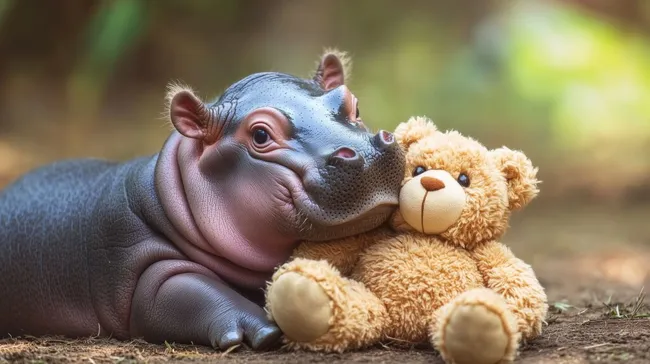 Niedliches Nilpferd kuschelt mit Kuscheltier in Naturumgebung