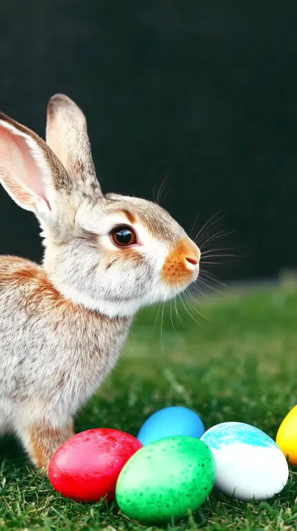 Niedliches Osterhasen-Motiv auf Wiese mit bunten Eiern