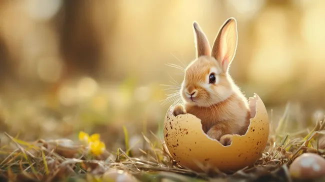 Niedliches Osterhasenbaby in gelber Eierschale