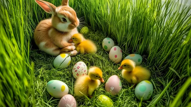 Niedliches Osterhasenfamilie mit Kükenbabys auf Wiese