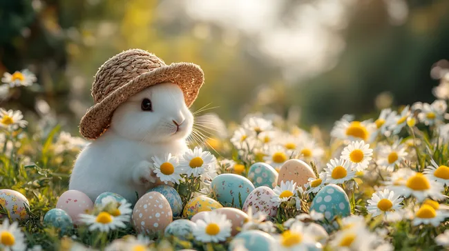 Niedliches Osterkaninchen in Blumenwiese mit Eiern