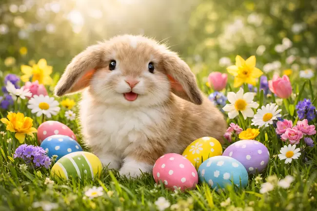 Niedliches Osterkaninchen mit bunten Eiern