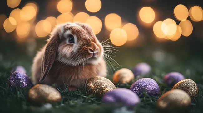 Niedliches Osterkaninchen mit goldfarbenen und lila Eiern