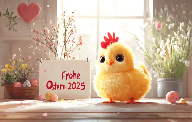 Niedliches Osterkücken mit Blumen und Herzen am Fenster