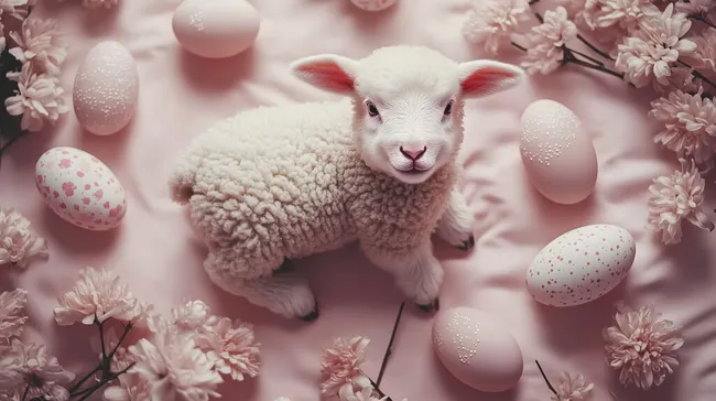 Niedliches Osterlamm in pastellfarbener Blumenumgebung