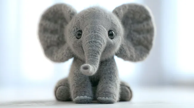 Niedliches Plüsch-Elefantenbaby in grauer Nahaufnahme