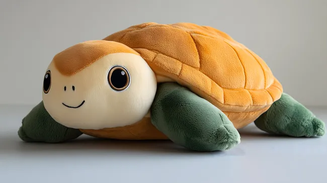 Niedliches Plüsch-Schildkröten-Spielzeug auf grauem Hintergrund