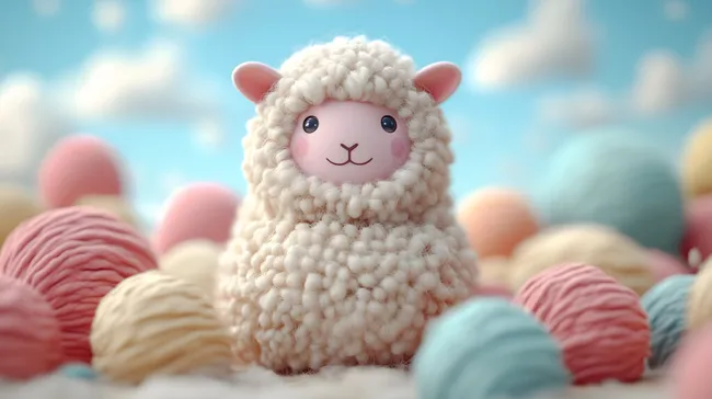 Niedliches Plüschschaf zwischen bunten Wollknäueln