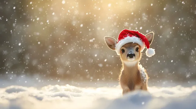 Niedliches Reh mit Weihnachtsmütze im Schneegestöber